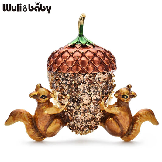 Wuli&baby Cute Squirrel And Pinecone Brooches For Women Unisex Enamel Animal Rhinestone Pine Cone Brooch Pins Gifts
