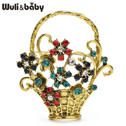 Wuli&baby Vintage Beautiful Flower Basket Brooches Alloy Rhinestone Plants Party Casual Brooch Pins Gifts