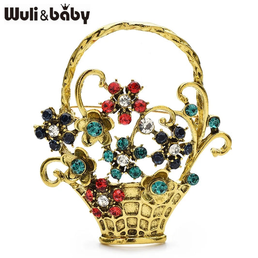 Wuli&baby Vintage Beautiful Flower Basket Brooches Alloy Rhinestone Plants Party Casual Brooch Pins Gifts