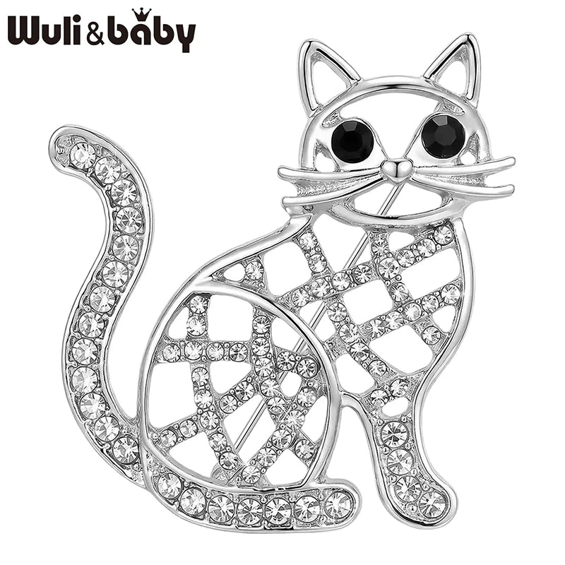 Wuli&baby Cute Hollow-out Cat Brooches For Women Men 2-color Rhinestone Alloy Kitty Animal Party Causal Brooch Pins Gifts