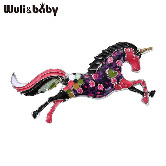 Wuli&baby Lovely Running Unicorn Horse Brooches For Women Unisex Cute 3-color Flower Animal Causal Party Brooch Pins Gifts