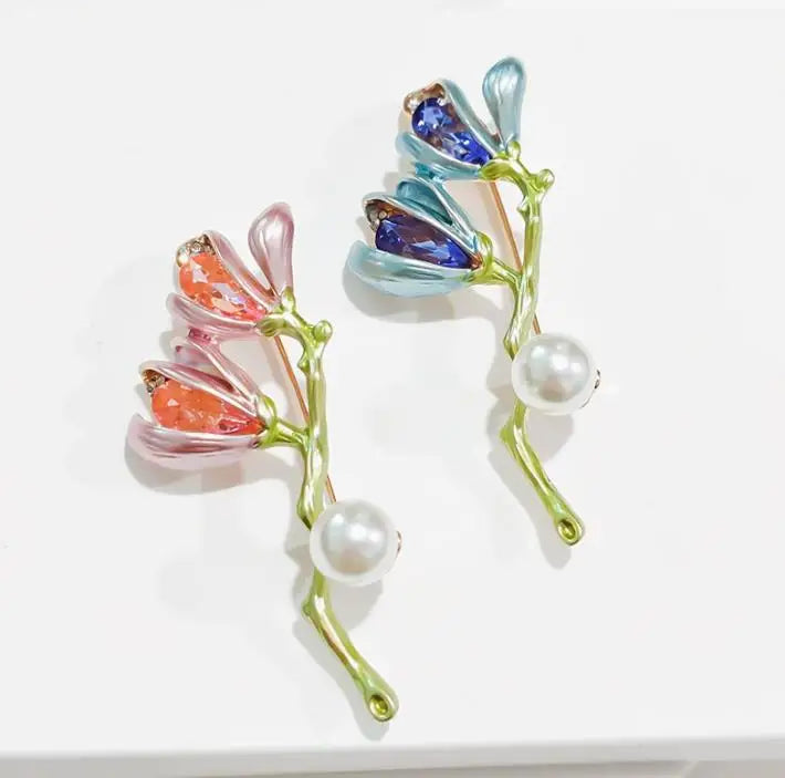 Resin Tulip Brooch for Women Unisex Rhinestone Flower Pin Pearl Plant Lapel Pin Banquet Party Backpack Gifts Jewelry Accessories