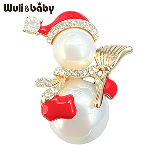 Wuli&baby Lovely Snowman Brooches Pins For Women Unisex Pearl Enamel Winter Snowman Christmas Brooch Pin New Year Gifts