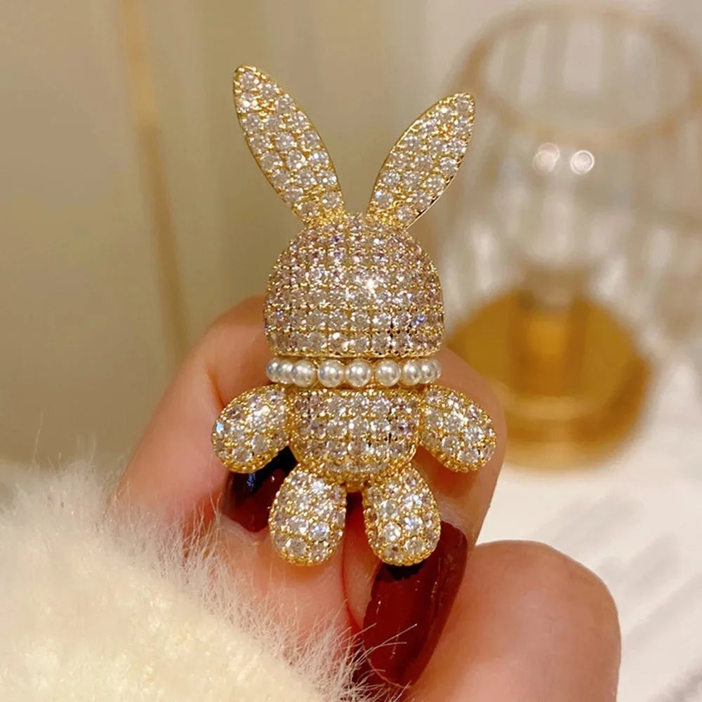 Cute Full of Rhinestone Rabbit Brooch Pearl Animal Lapel Pin Gold Color For Women Men Trendy Fashion Jewelry Gift