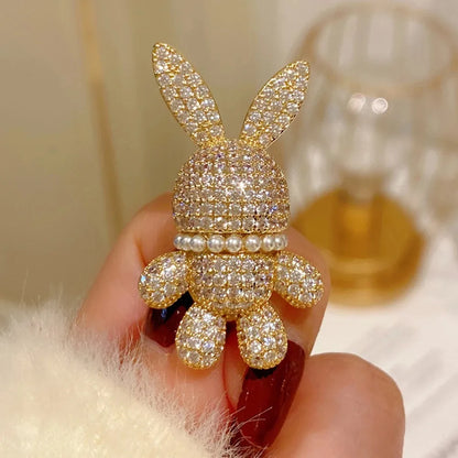 Cute Full of Rhinestone Rabbit Brooch Pearl Animal Lapel Pin Gold Color For Women Men Trendy Fashion Jewelry Gift