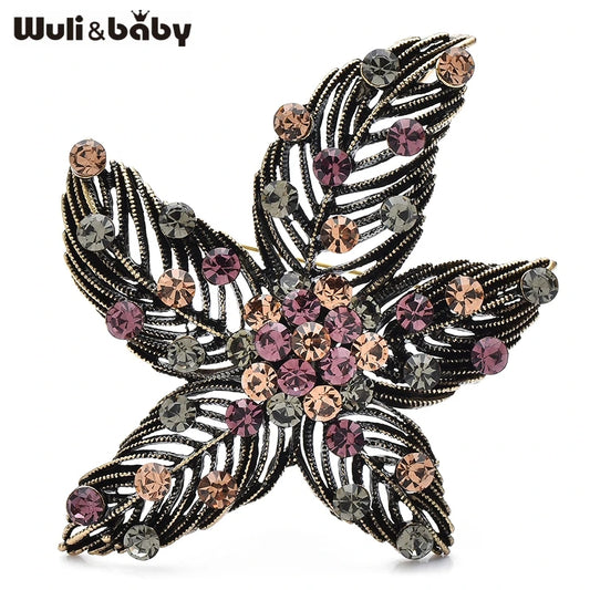 Wuli&baby Vintage Starfish Flower Brooches For Women Unisex 3-color Rhinestone Party Office Brooch Pins Gifts