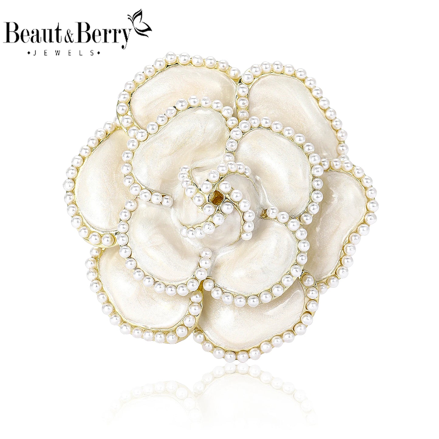 Beaut&Berry Luxury White Camellia Brooches for Women Flower Plant Pins Friends Party Gift Banquet Jewellery Accessories