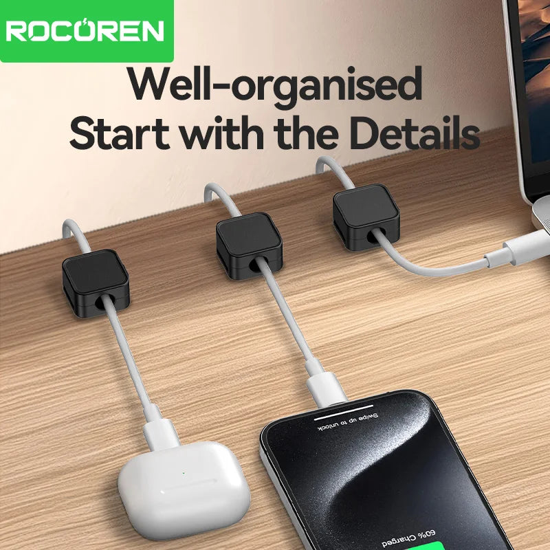 Rocoren Magnetic Cable Organizer Smooth Adjustable Cord Holder Magnet Desktop Cable Management Wire Protector Cable Clips Set