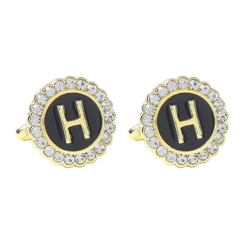New Round Rhinestone Cufflinks for Men 26 English Letter Cuff Links Button French Business Accessories Gifts