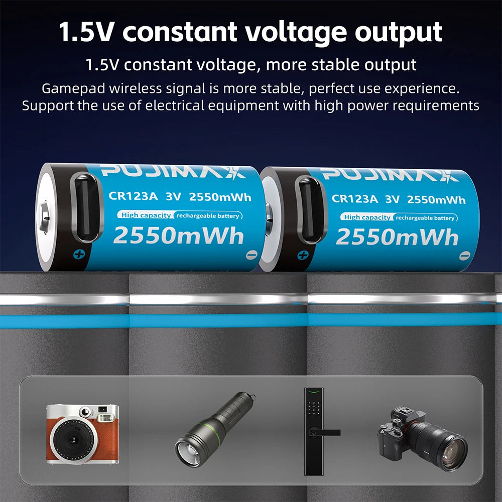 PUJIMAX Type-C Rechargeable CR123A 2550mWh 3V Lithium Battery Rechargeable Battery High Capacity  Portable Stable Output