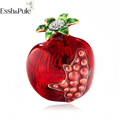 Essh&Pule Chinoiserie Pomegranate Brooch Red Enamel Rhinestone Fruit Lapel Pin Oriental Lucky Women Suit Coat Jewelry Gift