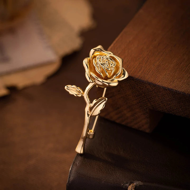 Luxury High-End Gold-Tone Rose Flower Brooch Pin For Women & Men - Elegant Suit Coat Badge Fashion Jewelry Lapel Accessory^