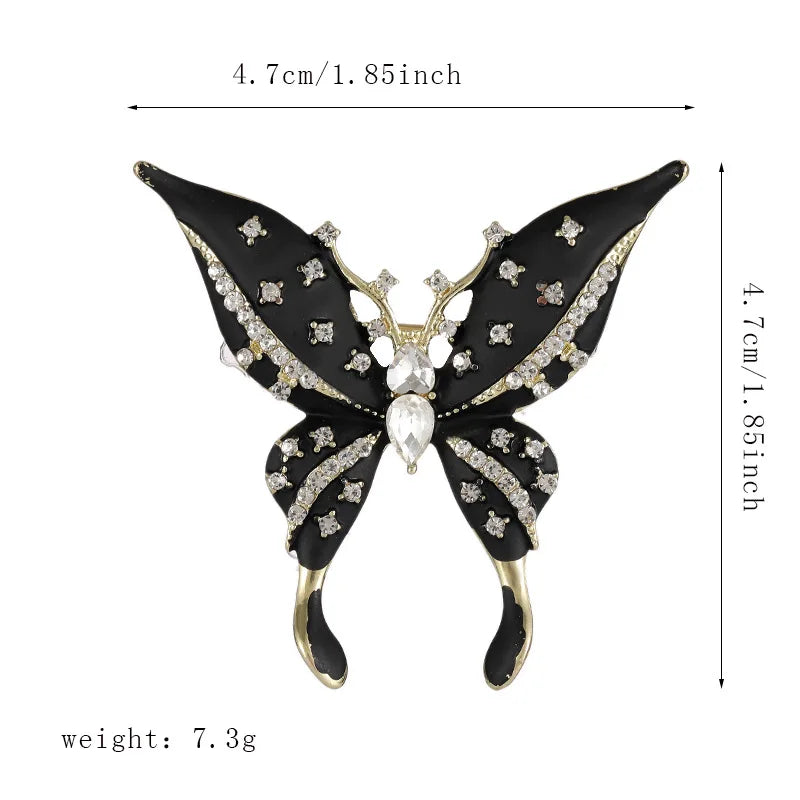 Vintage Rhinestone Black Butterfly Brooches Inlaid Cubic Zirconia Insect Metal Enamel Pins for Women Clothing Accessories