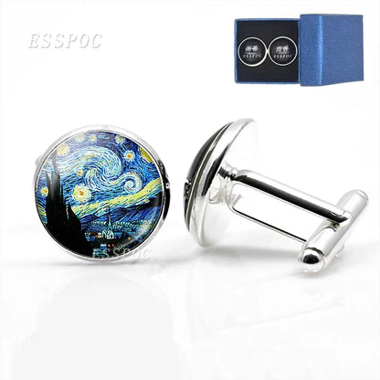 Van Gogh Oil Painting Glass Alloy Cufflinks Starry Night Sunflower Suit Cuff Links Men Shirt Accessories Husband birthday Gift