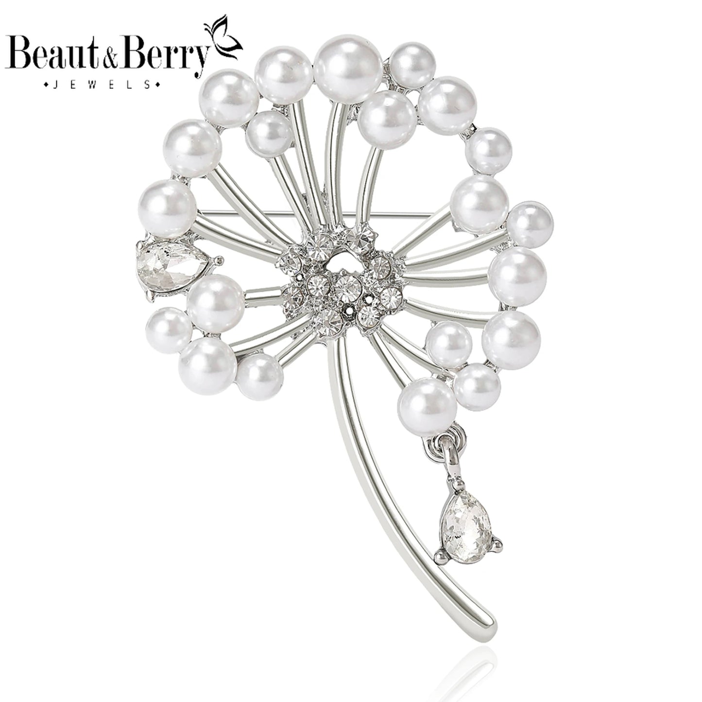 Beaut&Berry Classic Rhinestone Dandelion Brooches for Women Pearl Plant Pins Casual Party Accessories Gifts Friends Decoration
