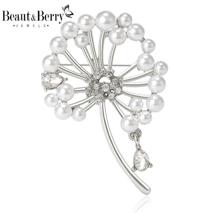 Beaut&Berry Classic Rhinestone Dandelion Brooches for Women Pearl Plant Pins Casual Party Accessories Gifts Friends Decoration