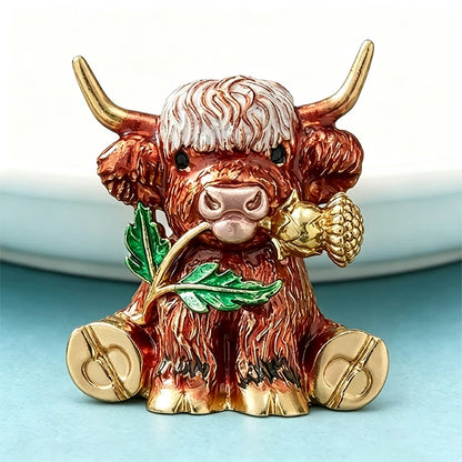 Wuli&baby Thistle Flower Cattle Brooches For Women Unisex Lovely Enamel Highland Cow Animal Party Casual Brooch Pin Gifts