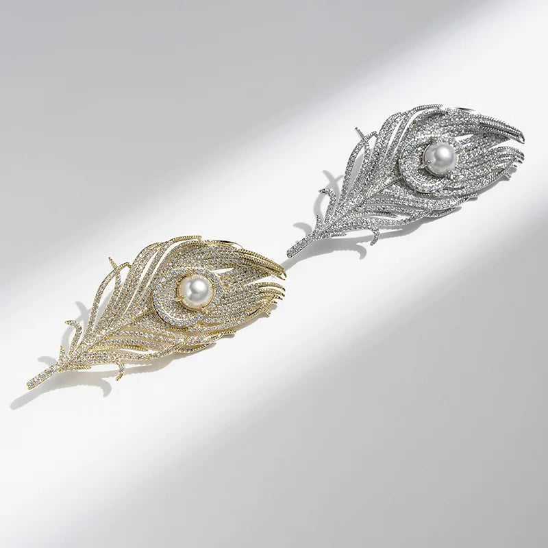 SKEDS Women Men Fashion Exquisite Crystal Feather Pearl Brooch Pin Elegant Classic Lady High-end Badges Accessories Gift