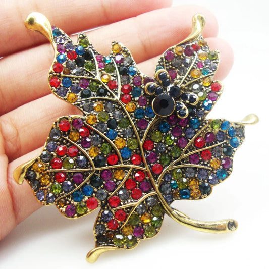 Vintage Style Multi-color Rhinestone Crystal Maple Leaf Woman Brooch Pin