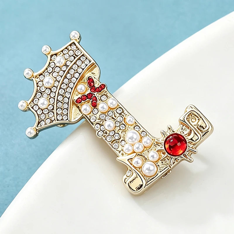 Wuli&baby Pearl English Letter L Brooches For Women Unisex Lovely Rhinestone Crown L Party Casual Brooch Pin Gifts