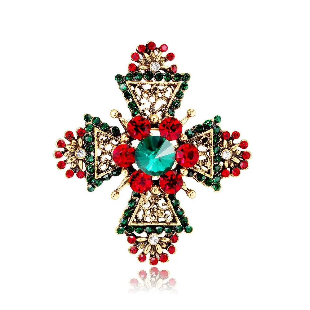 Luxury Vintage Court Cross Brooch Baroque Openwork Shiny Crystal Pearl Pin Men's and Women's Metal Enamel Jewelry Gifts