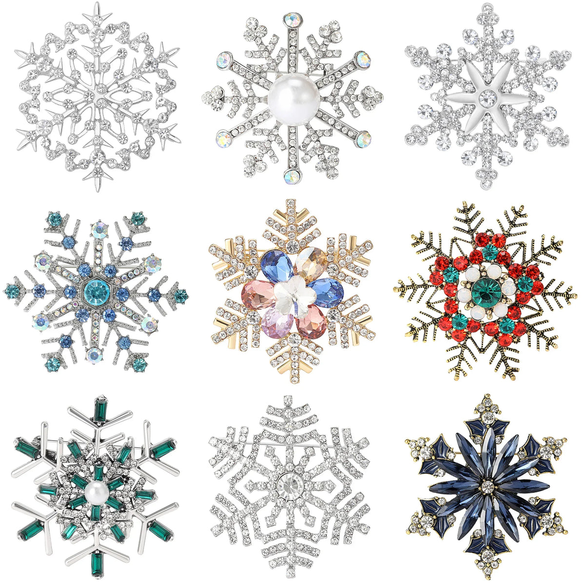Christmas Rhinestone Snowflake Brooch for Women Unisex Pearl Ice Crystal Pin Event Party Backpack Decoration Clothes Accessories