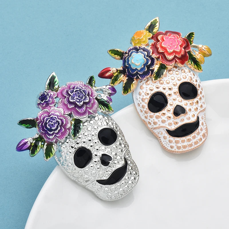 Wuli&baby Wear Flowers Skull Brooches For Women Unisex 2-color Alloy Enamel Skeleton Clothes Bags's Brooch Pins Gifts