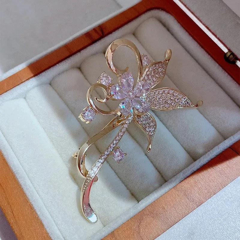 Crystal Bauhinia Brooches For Women Flower Lapel Pin Fashion Jewelry Wedding Corsage Accessories