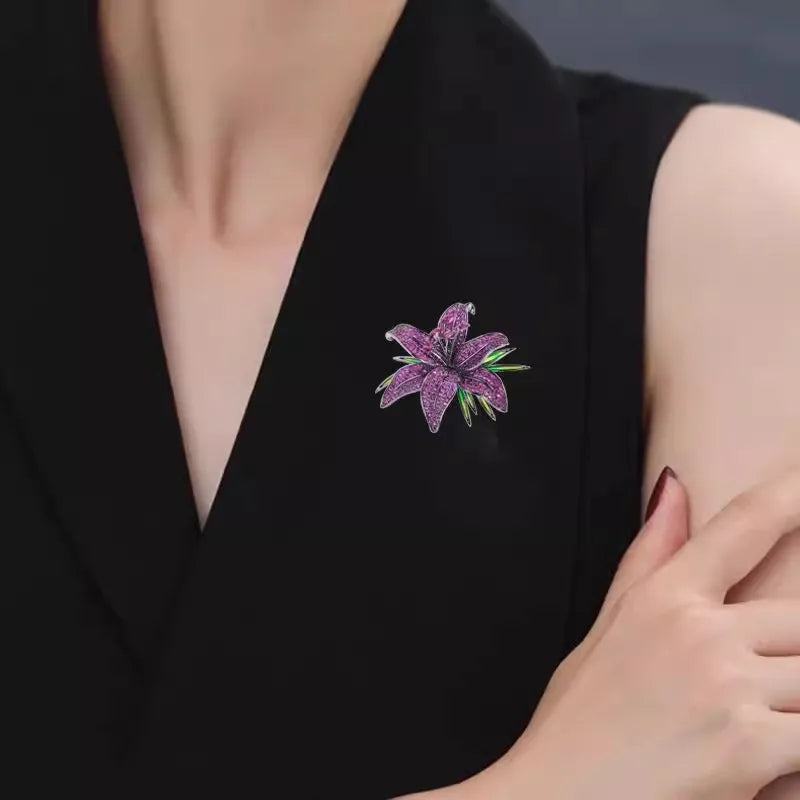 Ajojewel White/Green/Purple Lily Brooch Rhinestone Flower Jewelry High Quality Cloth Pin Trendy Gifts