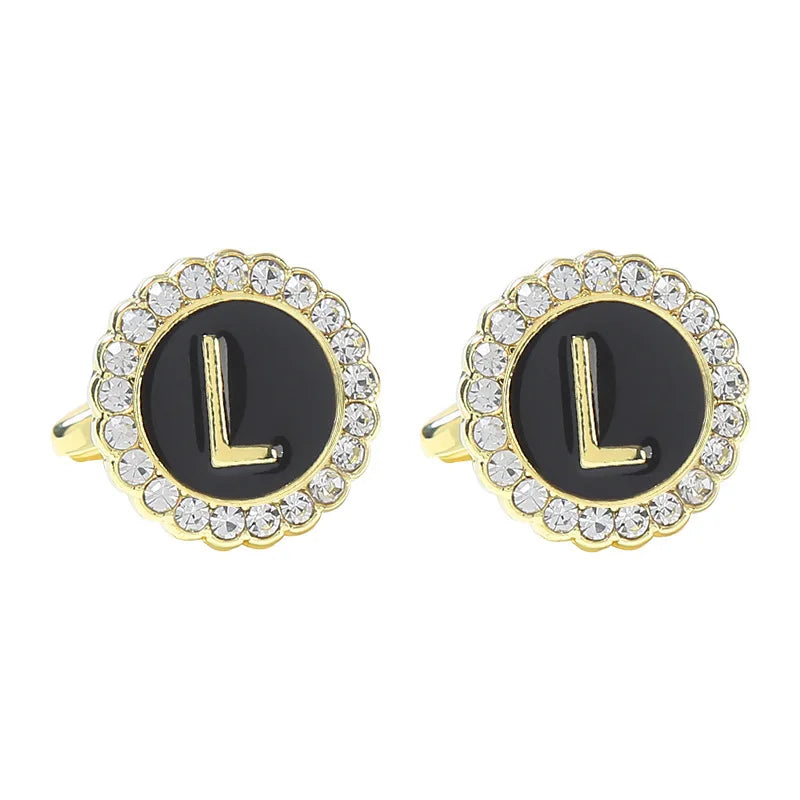 New Round Rhinestone Cufflinks for Men 26 English Letter Cuff Links Button French Business Accessories Gifts