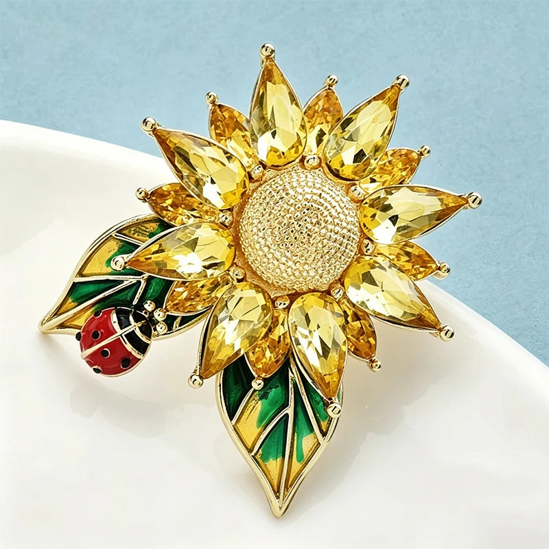 Wuli&baby Crystal Sunflower Brooches For Women Unisex Lovely Ladybug And Flower Office Party Brooch Pin Gifts