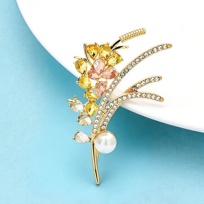 Wuli&baby Rhinestone Wheat Brooches For Women Unisex Pearl Flower Plants Office Party Brooch Pins Gifts
