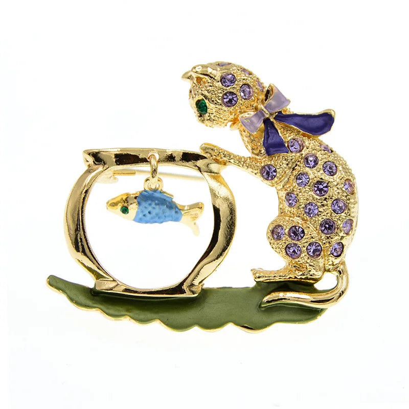 Rhinestone Bowknot Cat Brooch Cute Kitten Looking Fish Pins New Year Jewelry