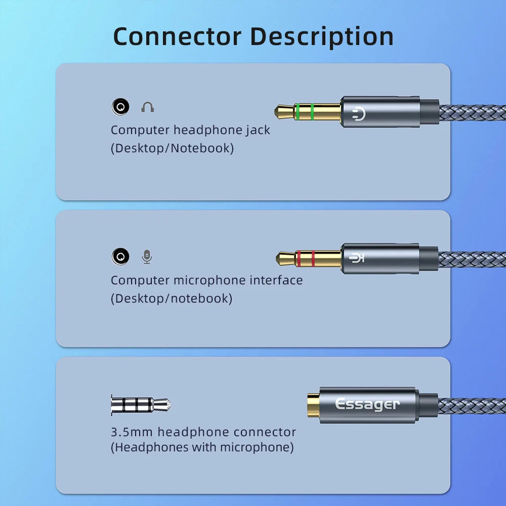 Essager Headphone Audio Splitter 3.5mm Female to 2 3.5 mm Jack Male Aux Cable For Computer Speaker Mic Y Splitter to PC Adapter