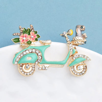 Wuli&baby Green Enamel Motor Bike Brooch Pin Flower Bouquet Puppy Sitting Front Cute Badge Jewelry Accessory