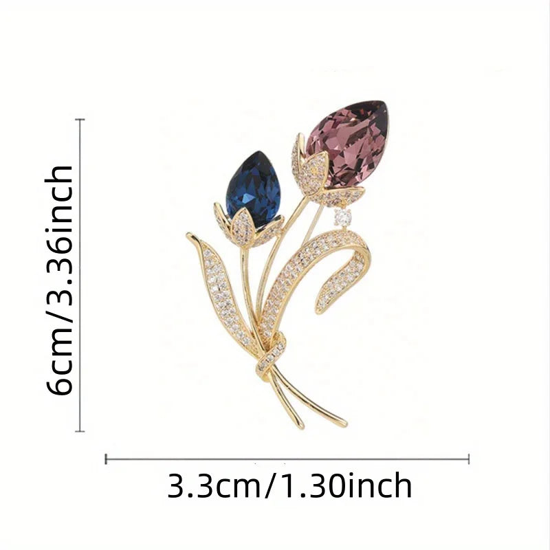 Ladies Novelty Retro Twin Flower Brooch High-grade Women's Exquisite Crystal Flower Corsage Anti-slip Pin Suit Accessories