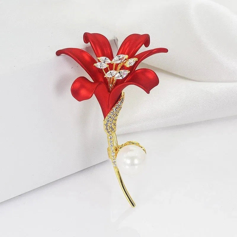 Luxury Red Enamel Lily Bouquet Brooch Rhinestone Plant Pin For Women Unisex Party Fashion Jewelry Accessories Gift