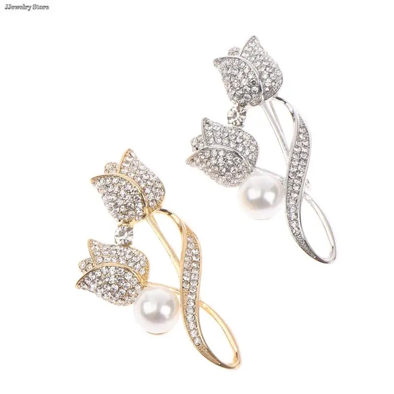 1pc Luxury New Tulip Flower Brooch Elegant Design Sense Rose White Stone Jewelry Collar Pin Jewelry