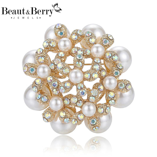 Beaut&Berry Luxury Rhinestone Pearl Flower Brooches for Women Unisex Lapel Pins Casual Party Jewelry Accessories Gifts