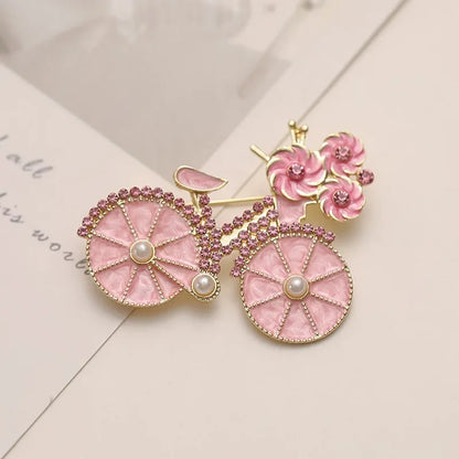 Cartoon Cute Pink Flower Bicycle Brooches For Women Girls Temperament Exquisite Fashion Pins Clothing Accessories Gifts