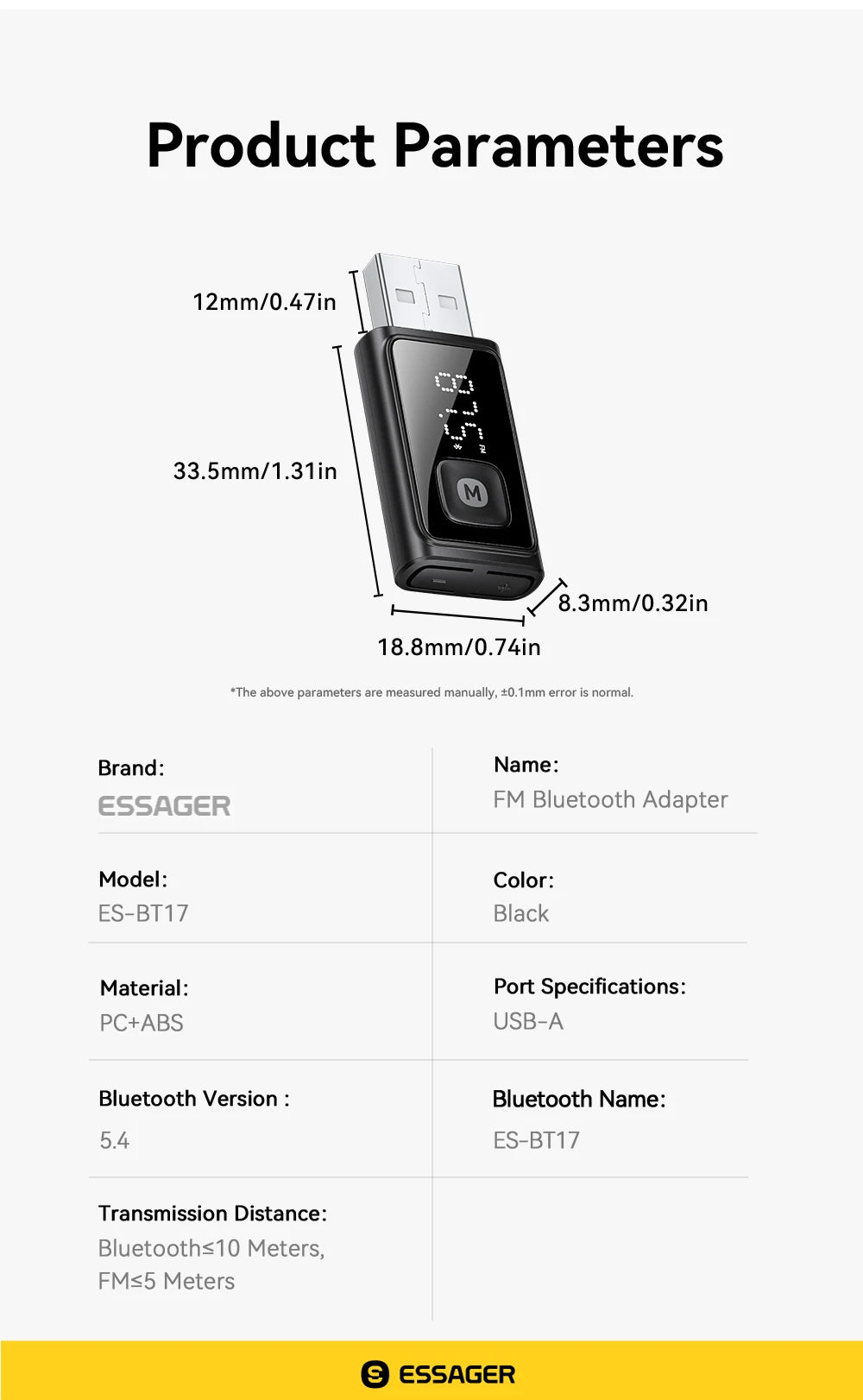 ESSAGER Bluetooth 5.4 Car Adapter Wireless FM Transmitter Audio Receiver&Handsfree Call Auto Stereo Mic Car Adapter Accessories