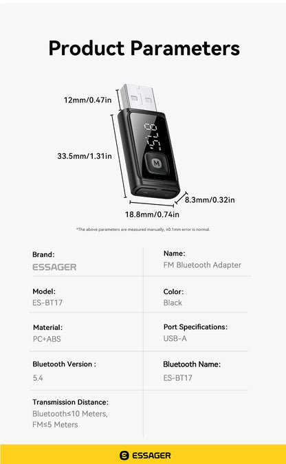 ESSAGER Bluetooth 5.4 Car Adapter Wireless FM Transmitter Audio Receiver&Handsfree Call Auto Stereo Mic Car Adapter Accessories