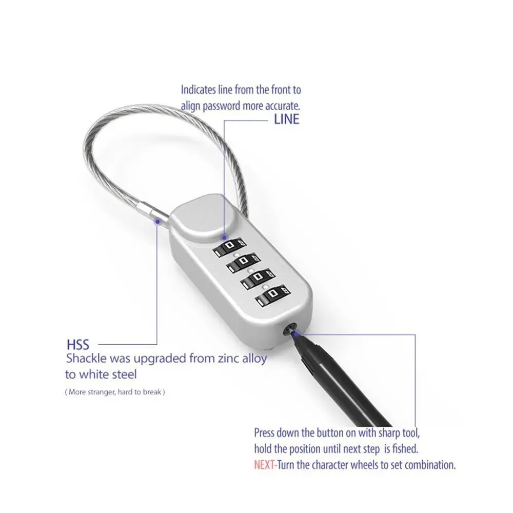 Zinc alloy 4 Digit Password Lock Wire Rope Anti-theft Backpack Zipper Lock Padlock Dormitory Cabinet Lock for Home&Travel