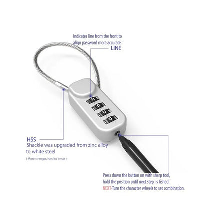 Zinc alloy 4 Digit Password Lock Wire Rope Anti-theft Backpack Zipper Lock Padlock Dormitory Cabinet Lock for Home&Travel