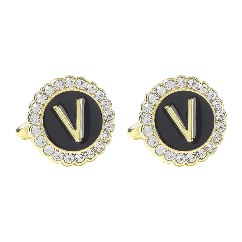New Round Rhinestone Cufflinks for Men 26 English Letter Cuff Links Button French Business Accessories Gifts