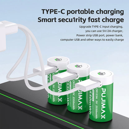 PUJIMAX CR123A Batteries With USB-C Fast Charging Cable-High Capacity 2550mWh Li-ion Polymer Cells For Flashlights Cameras