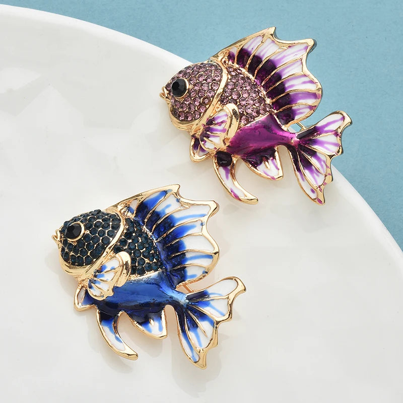 Wuli&baby Lovely Enamel Fish Brooches For Women Unisex 2-color Rhinestone Animal Party Casual Brooch Pins Gifts