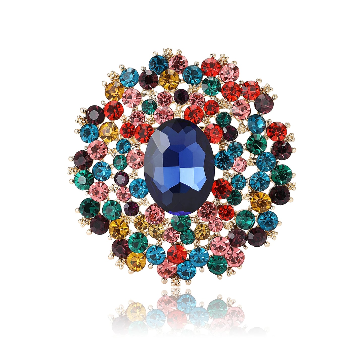 Beaut&Berry Luxury Shiny Round Large Glass Brooches for Women Rhinestone Pins 6-color Available Casual Party Accessories Gifts