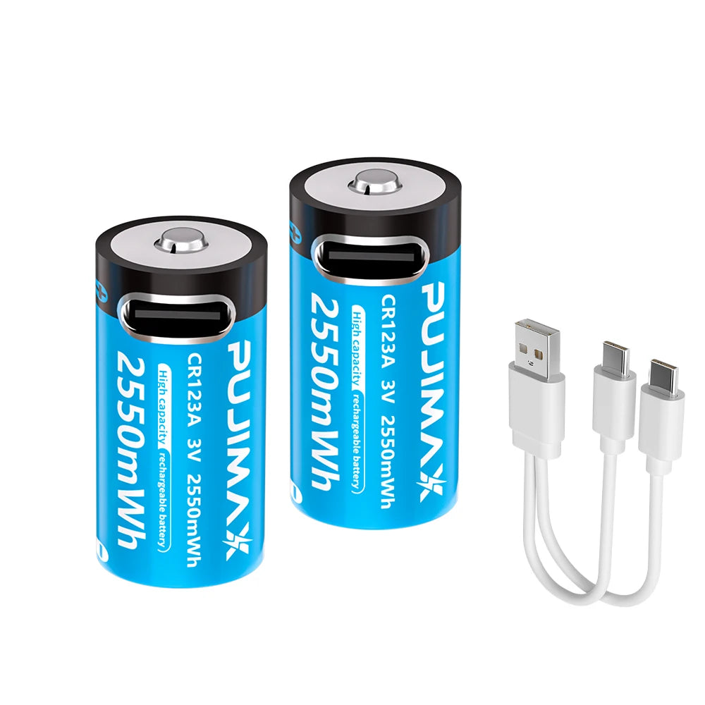 PUJIMAX Type-C Rechargeable CR123A 2550mWh 3V Lithium Battery Rechargeable Battery High Capacity  Portable Stable Output