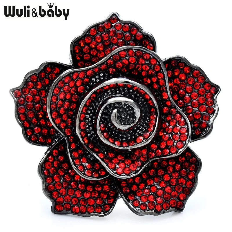 Wuli&baby Luxury Shinning Rose-flower Brooches For Women 4-color Full Rhinestone Charming Flower Plants Office Party Brooch Pins